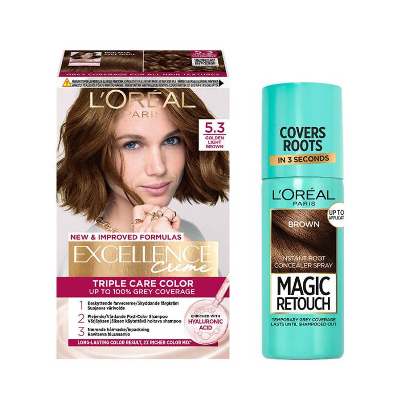 L'oréal Paris Excellence Creme Hair Color 5.3 Golden Light Brown & Magic Retouch Brown Instant Root Concealer Spray 1 Pcs + 75 Ml