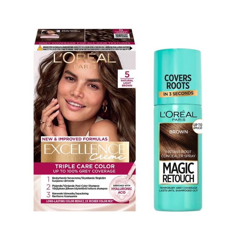 L'oréal Paris Excellence Creme Hair Color 5 Natural Light Brown & Magic Retouch Brown Instant Root Concealer Spray 1 Pcs + 75 Ml