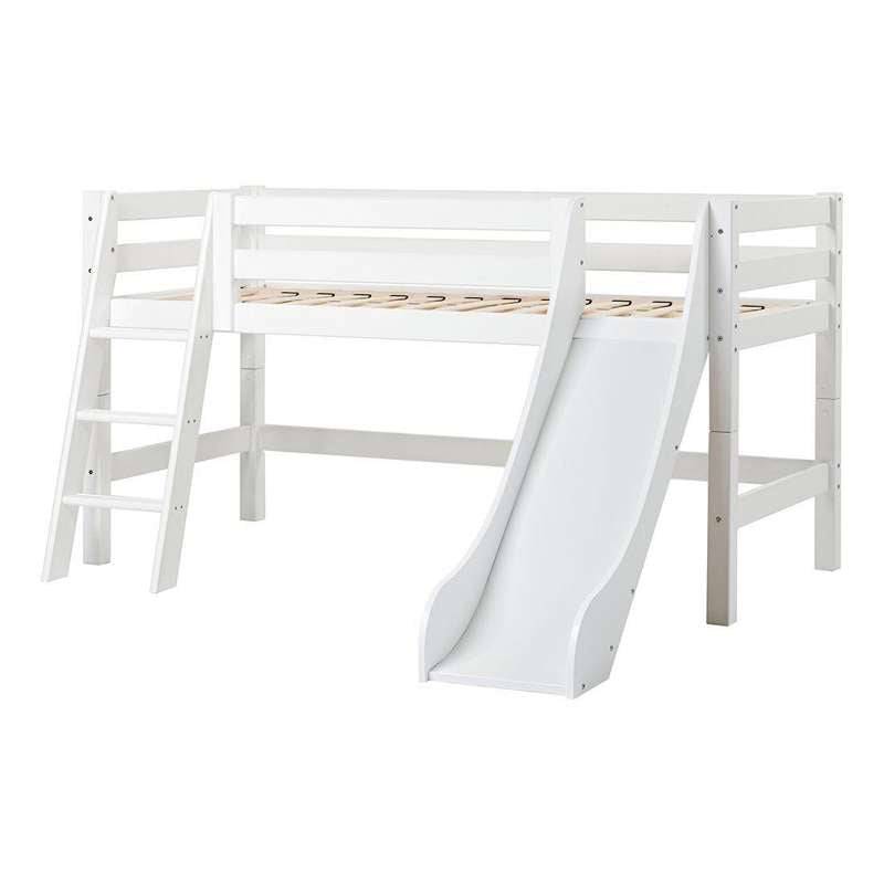 Hoppekids Eco Luxury - Halvhøj Seng M. Rutsjebane - 90x200 Cm. - Skrå Stige - Fleksibel Indlægsbund - Hvid