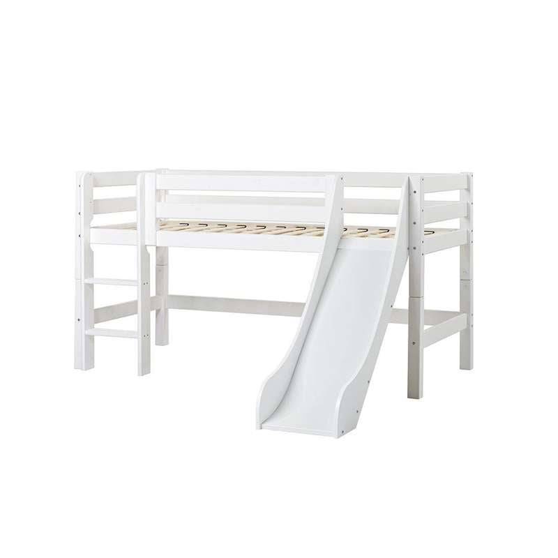 Hoppekids Eco Luxury - Halvhøj Seng M. Rutsjebane - 90x200 Cm. - Fleksibel Indlægsbund - Hvid