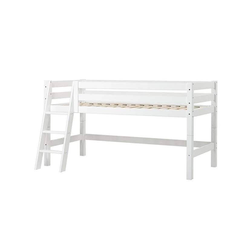 Hoppekids Eco Luxury - Halvhøj Seng - 90x200 Cm. - Skrå Stige - Fleksibel Indlægsbund - Hvid