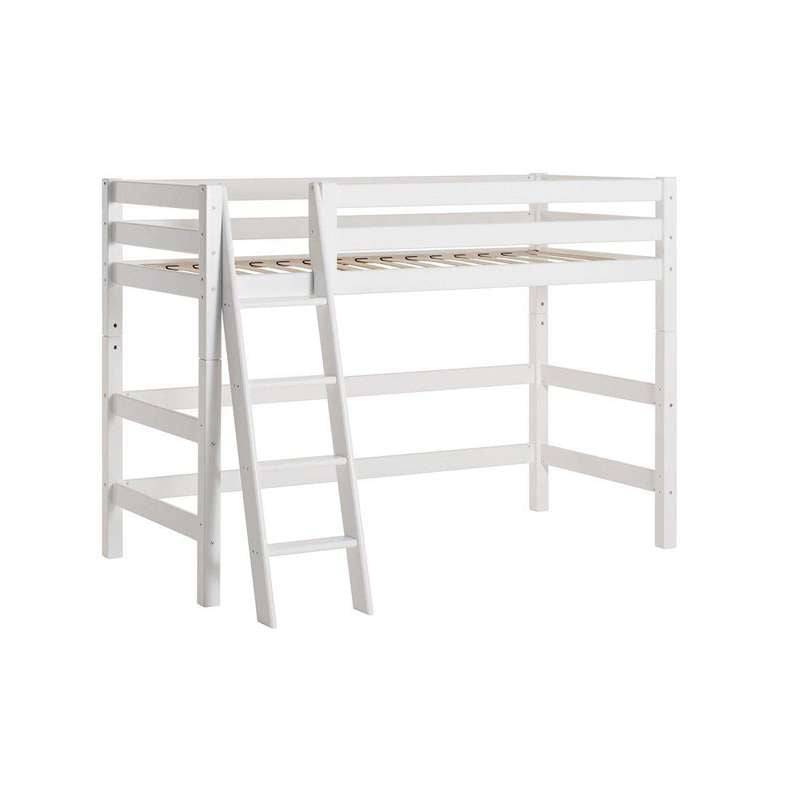 Hoppekids Eco Luxury - Mellemhøj Seng - 90x200 Cm. - Skrå Stige - Fleksibel Indlægsbund - Hvid