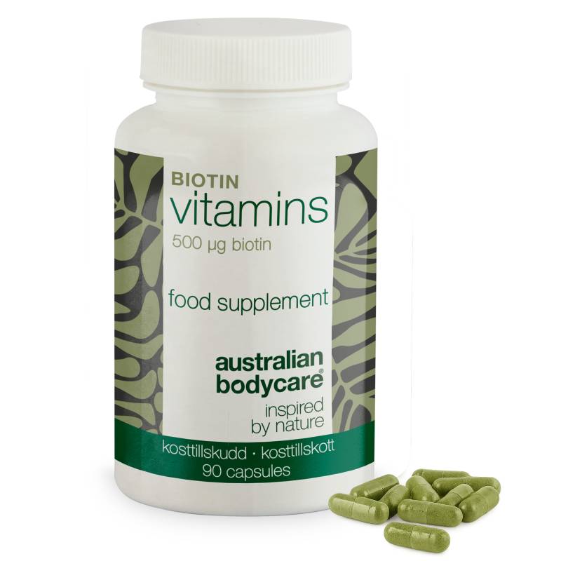 Biotin 500 âµg  -  Kosttilskud Med Vitamin B7  -  90 Stk. â€” Biotin 500 âµg Med Vitamin B7  -  90 Tabletter Til Hud, Hår Og Slimhinder. Indeholder Biotin, Medicago Sativa Og Vegetabilsk Cellulose. - 1 Stk. - Australian Bodycare