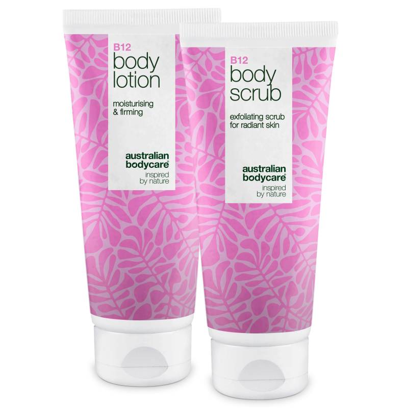 B12 Hudplejesæt Til Tør Hud  -  Eksfoliering & Dybdevirkende Fugtpleje â€” Fugtgivende B12 Body Scrub & Lotion Til Tør Og Sensitiv Hud. - 3 Stk. - Australian Bodycare