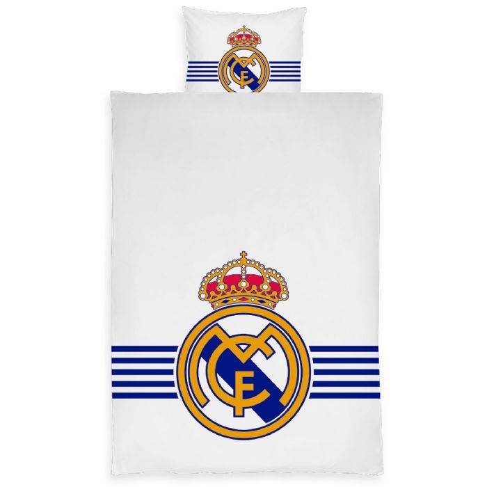Real Madrid Sengetøj - Hvidt Vendbart Sengesæt Med Logo - 140x200 Cm - 100% Bomulds Sengelinned - Fodbold Sengetøj - Licens