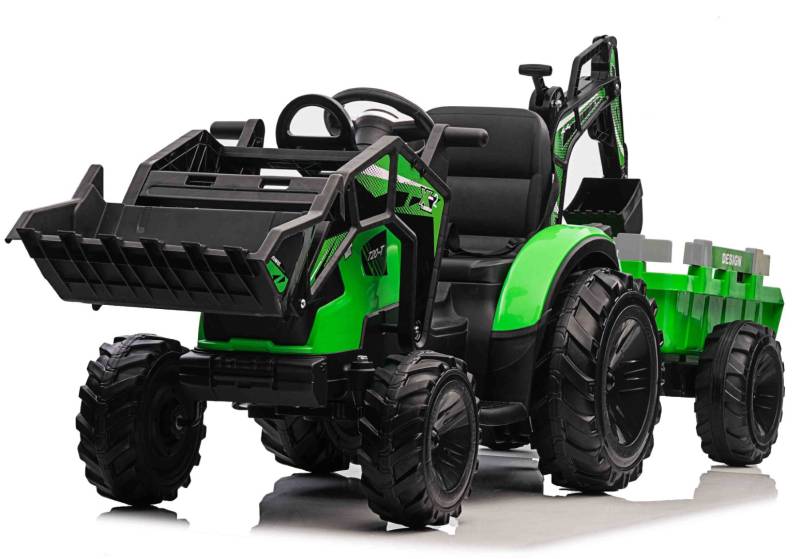 El Traktor Med  Frontskovl + Gravekran + Trailer Til Børn - Megaleg