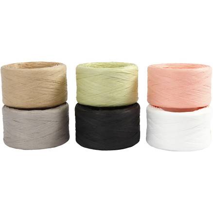 Raffia Papirgarn, B: 7-8 Mm, Ass. Farver, 6x100m/ 1 Pk. - Diverse