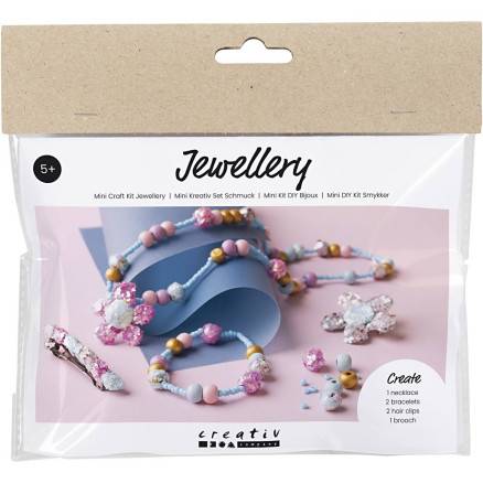 Mini Diy Kit Smykker, Halskæde, Armbånd, Spænder, Broche, Blå, Lys Blå, Pastelpink, 1 Pk. - Diverse