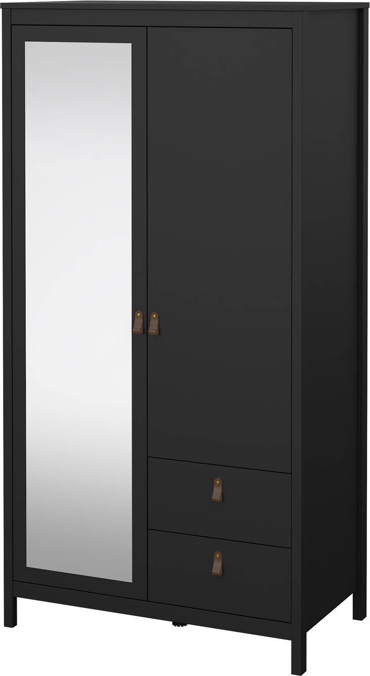 Garderobeskab Vesterholm Lunor 2 Døre 2 Skuffer, Mat Sort, Fuldlængde-Spejl, H199xb102xd58 Cm, Danskproduceret, Fsc