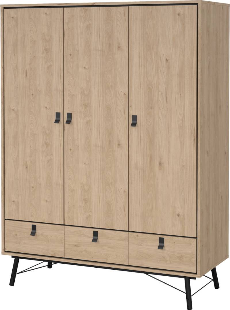 Garderobeskab Vesterholm Askø 3 Døre 3 Skuffer, Jackson Hickory Trælook H200ã—b150ã—d60 Cm, Fsc-Spånplade, Metalgreb