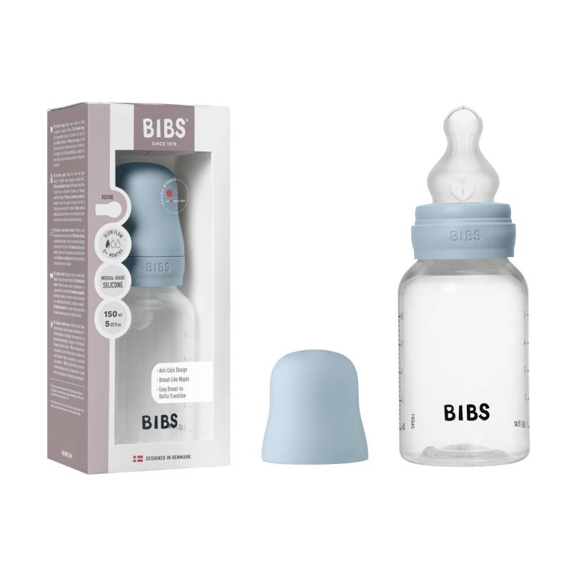 Bibs Bottle - Sutteflaskesæt - Plastik - Silikone/Slow Flow/Rund - 150 Ml. - Baby Blue