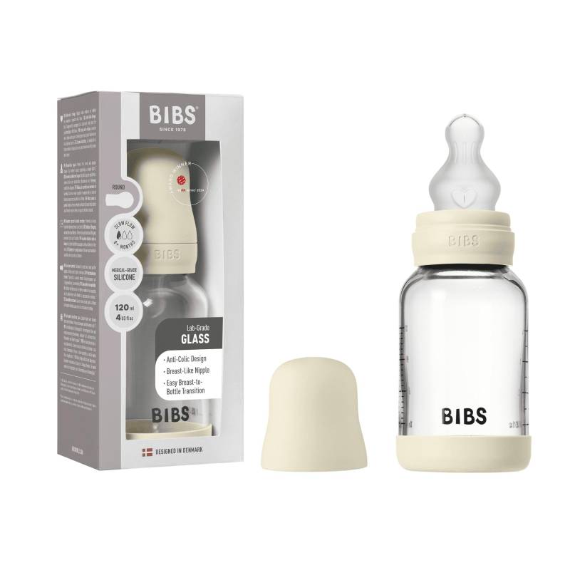 Bibs Bottle - Sutteflaskesæt - Glas - Silikone/Slow Flow/Rund - 120 Ml. - Ivory