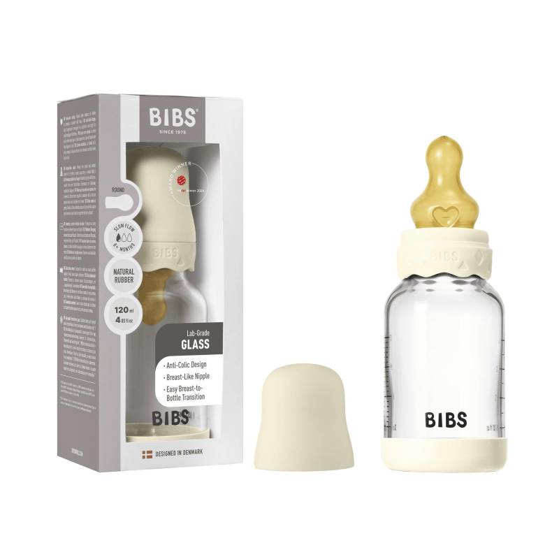 Bibs Bottle - Sutteflaskesæt - Glas - Boheme - Latex/Slow Flow/Rund - 120 Ml. - Ivory