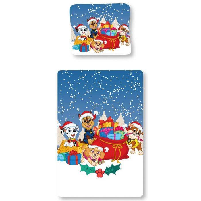 Paw Patrol Julesengetøj I 100% Blødt Bomuld - 140x200 Cm - De Glade Hundevenner Med Julegaver - Sengesæt - Licens