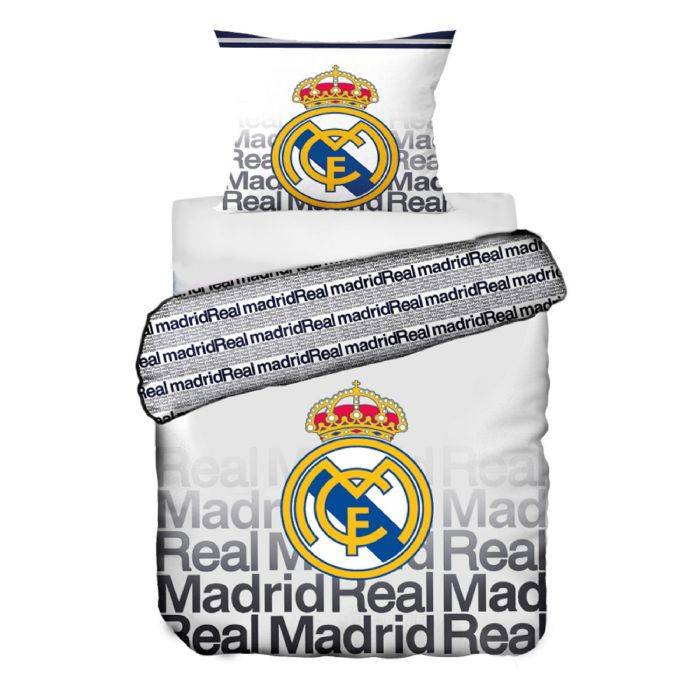 Real Madrid Sengetøj - Hvidt Vendbart Sengesæt Med Logo Og Tekst - 140x200 Cm - 100% Bomulds Sengelinned - Fodbold Sengetøj - Licens