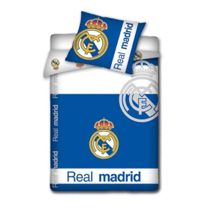 Real Madrid Sengetøj - Vendbart Sengesæt Med Logo Og Tekst - 140x200 Cm - 100% Bomulds Sengelinned - Fodbold Sengetøj - Licens