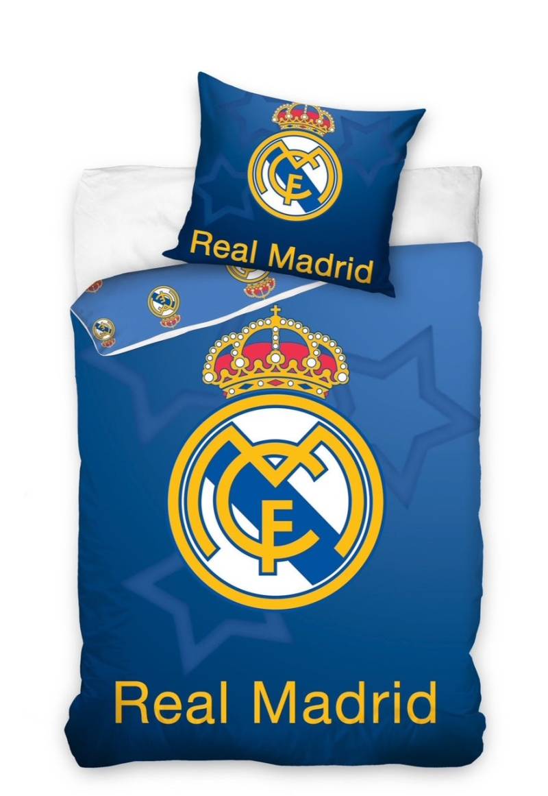 Real Madrid Sengetøj - Blåt Vendbart Sengesæt Med Logo Og Stjerner - 140x200 Cm - 100% Bomulds Sengelinned - Fodbold Sengetøj - Licens