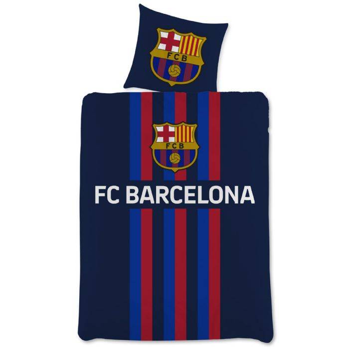 Fc Barcelona Sengetøj - Blåt Vendbart Sengesæt Med Logo - 140x200 Cm - 100% Bomulds Sengelinned - Fodbold Sengetøj - Licens