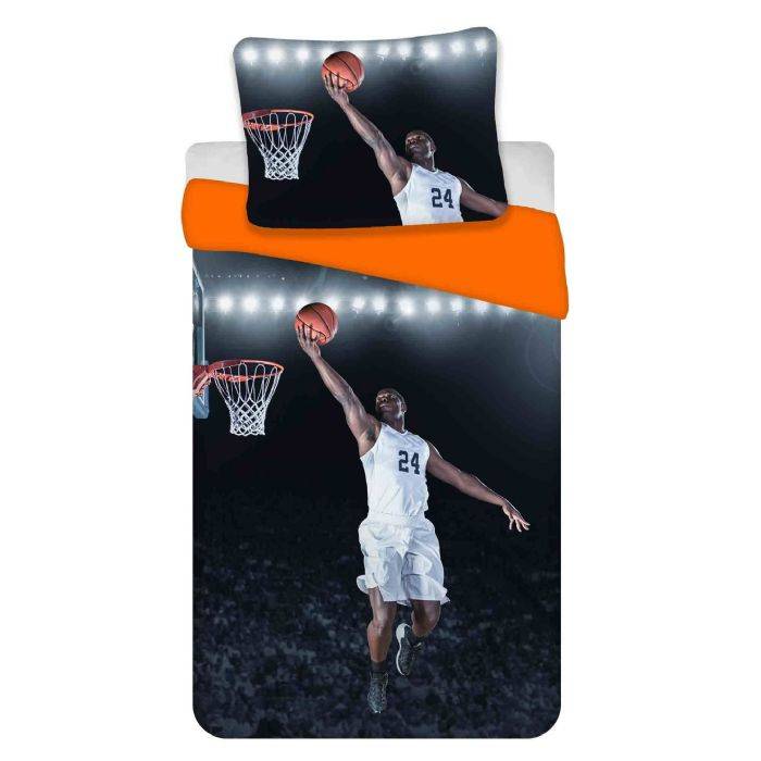 Sengetøj 140x200 Cm - Basketball Sengesæt - Vendbart Dynebetræk Med Motiv Af Basketball Og Orange Bagside - 100% Bomulds Sengelinned - Licens