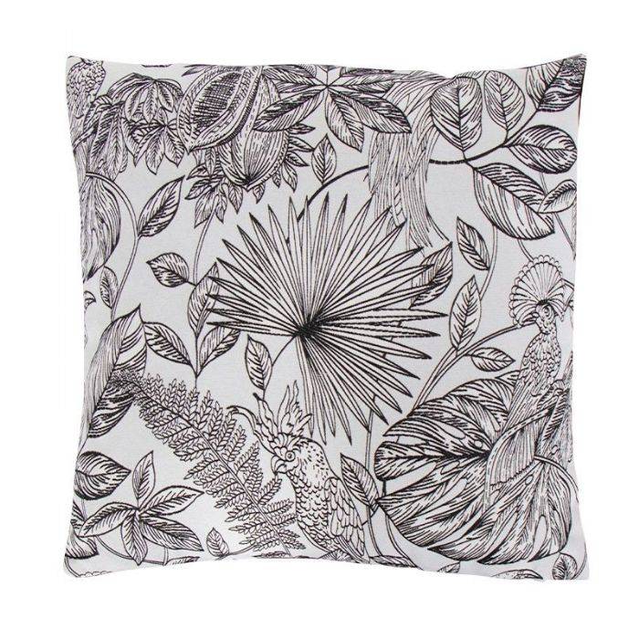 Pyntepude - 45x45 Cm - Sort Med Print Af Fugle Og Blade - Blød Sofapude Fra Borg Living