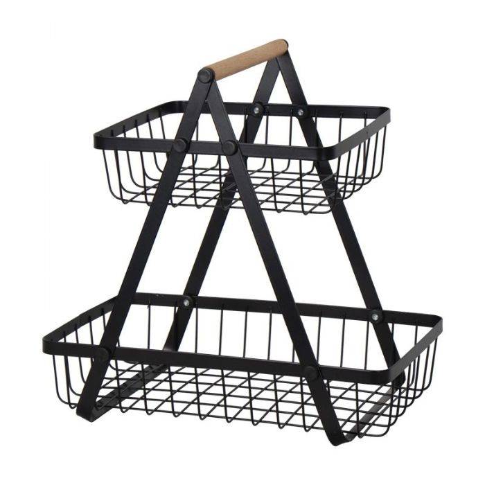 Brødkurv - Sort Trådkurv Med Træhank - 31x20x31 Cm - Trendy Opbevaring Til Hjemmet