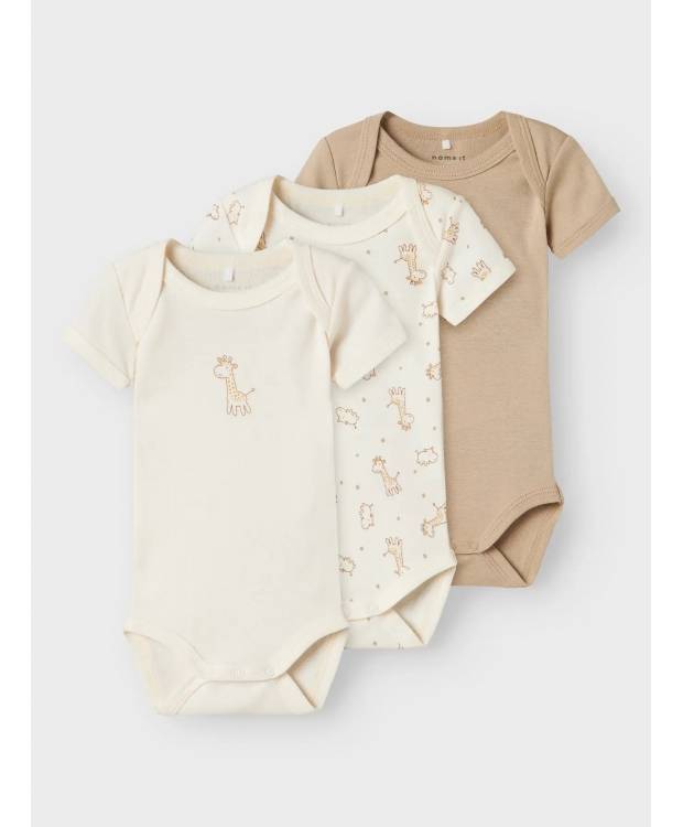 Name It 3pak Bodystocking I Beige Og Hvid Med Giraffer Til Baby