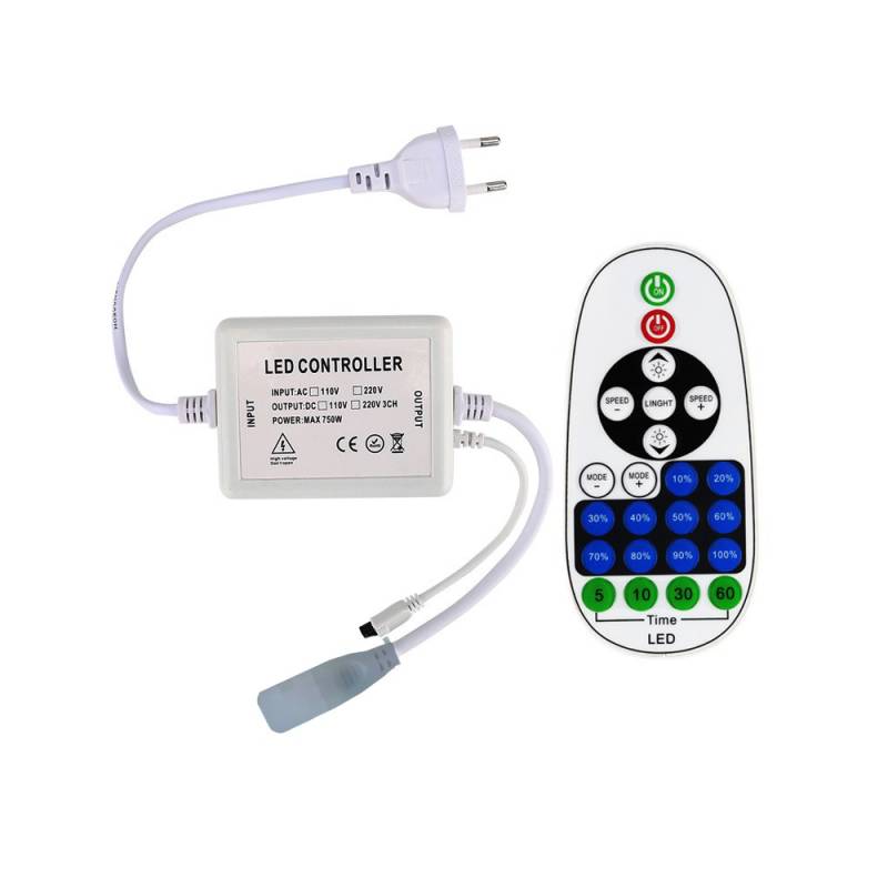Rf Trådløs Timer+dæmper Med Fjernbetjening - Inkl. Endeprop, Til 230v Neon Cob, Memory Funktion, Maks. 50 M