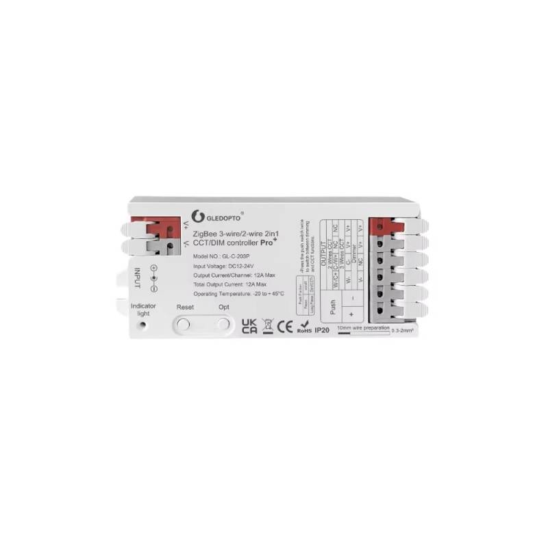 Gledopto Pro 2i1 Zigbee Strip Controller - Hue Kompatibel, 12v/24v, 12v (144w) 24v (288w), Enkeltfarvet + Cct
