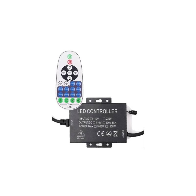 Rf Trådløs Timer+dæmper Med Fjernbetjening - Inkl. Endeprop, Til 230v Neon Cob, Memory Funktion, Maks. 100 M, Ip67 Vandtæt