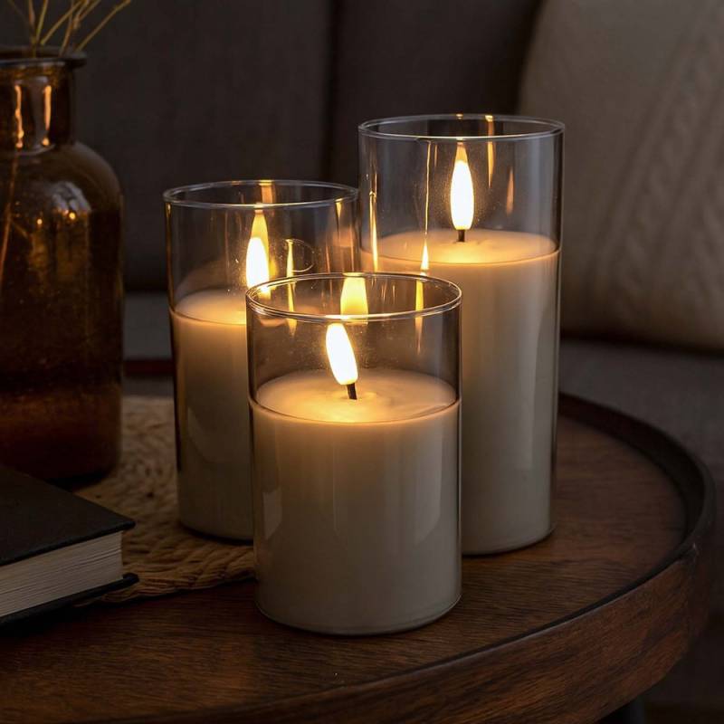 Led Bloklys Sæt I Gråtonet Glas ø7,5cm, 3 Stk, Flammeeffekt - Inkl. Fjernbetjening Og Timer, 10/12,5/15cm Høj, ægte Stearin - Ledlife
