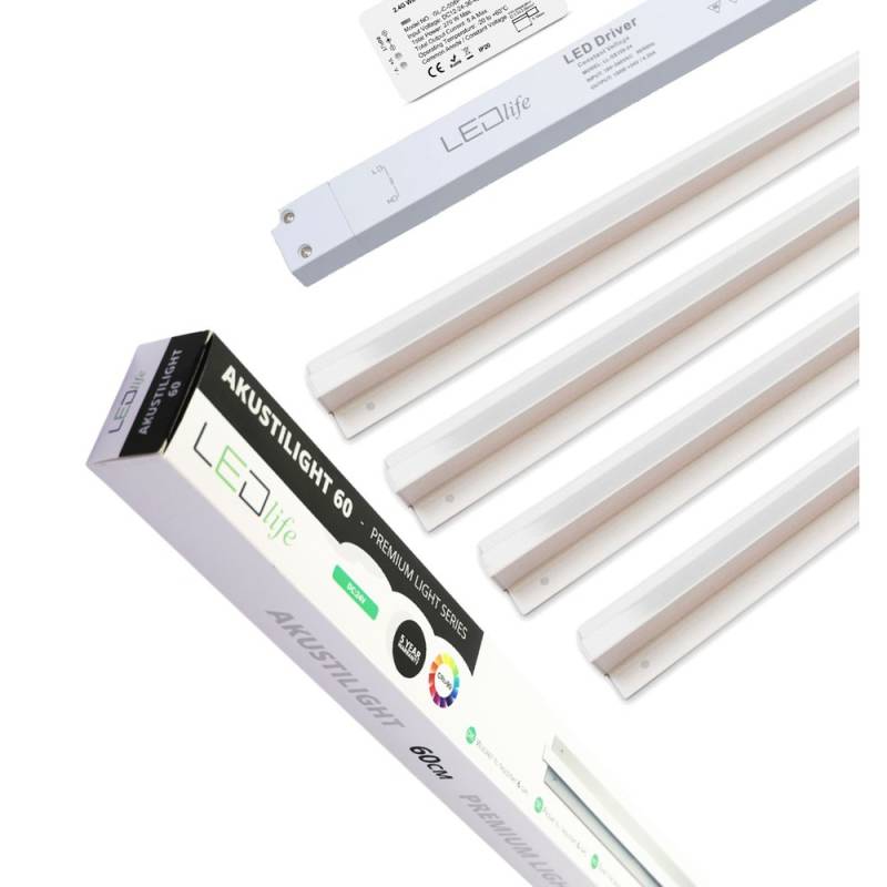 Troldtekt Led Skinnesæt 4x120 Cm - Cct, Planforsænket, Akustilight Inkl. Fjernbetjening, Ledninger Og Driver - Kulør : Cct (varm Til Kold Hvid) - Ledlife