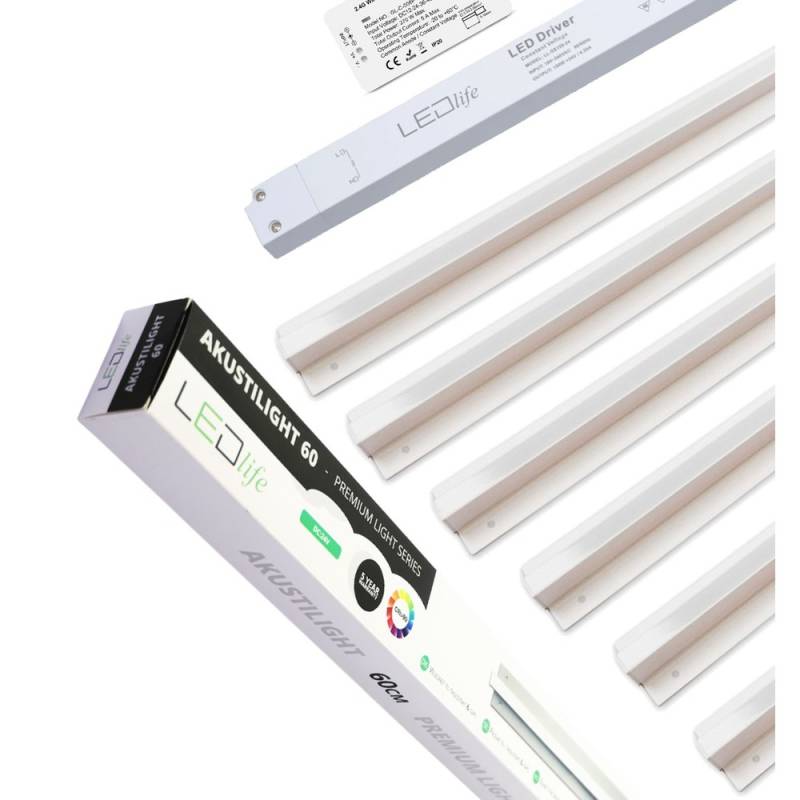 Troldtekt Led Skinnesæt 6x60 Cm - Cct, Planforsænket, Akustilight Inkl. Fjernbetjening, Ledninger Og Driver - Kulør : Cct (varm Til Kold Hvid) - Ledlife