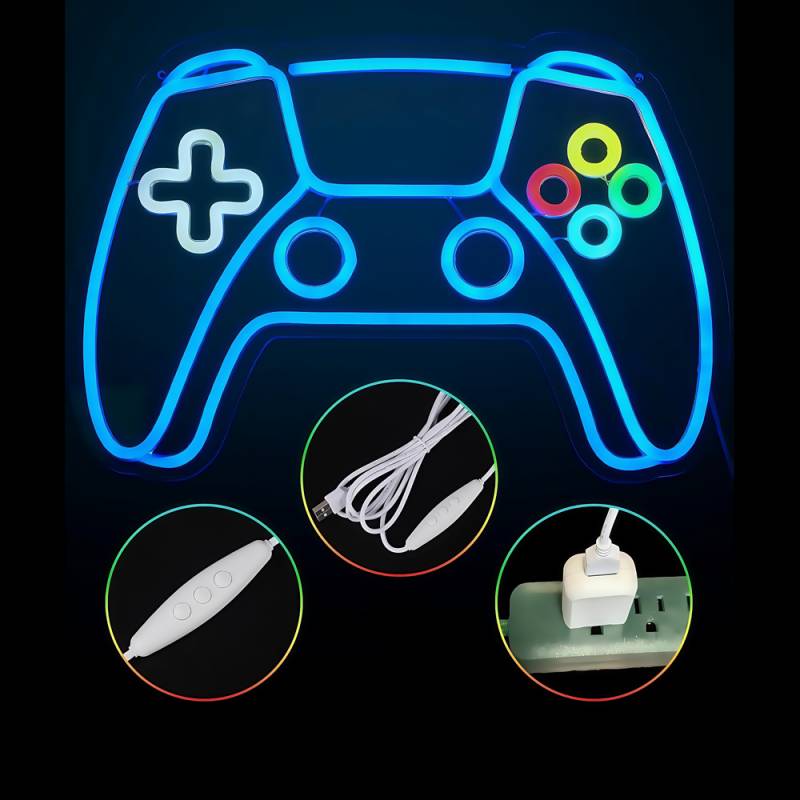 Controller Neon Skilt Gamepad, Led Lys - Stor Model 39x27 Cm, Perfekt Til Gaming Værelse