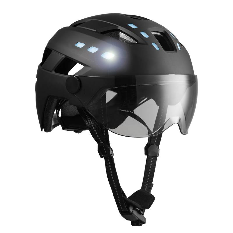 Urban E-Bike Hjelm Til Voksne M/L (55-61cm) Med Uv-Visir, Usb Opladelige Lys, Fidlock Magnetisk Spænde | Crazy Safety | En1078 Certificeret