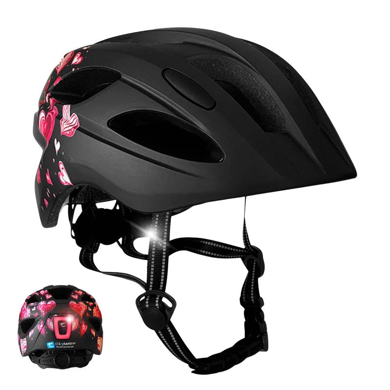 Cykelhjelm Sort Hjerte Til Børn 6-12 år 54-58cm Med Usb Opladelig Led-Lys. Sikkerhedstestet Og En 1078 Certificeret - Crazy Safety