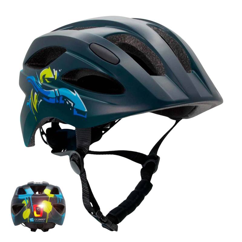 Sort-Blå Arrow Cykelhjelm Til Børn I Alderen 6-12 år 54-58 Cm Med Usb Genopladeligt Indbygget Rødt Led Lys. Sikkerhedstestet Og En 1078 Certificeret - Crazy Safety