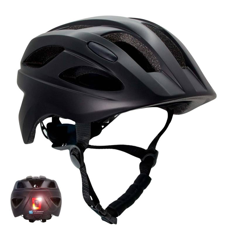 Sort S.w.a.t. Cykelhjelm Til Børn I Alderen 6 - 12 år 54-58 Cm Med Usb Genopladeligt Indbygget Rødt Led Lys. Sikkerhedstestet Og En 1078 Certificeret - Crazy Safety