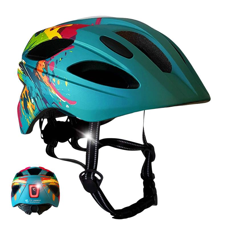 Cykelhjelm Blå Splash Til Børn 6-12 år 54-58cm Med Usb Opladelig Led-Lys. Sikkerhedstestet Og En 1078 Certificeret - Crazy Safety