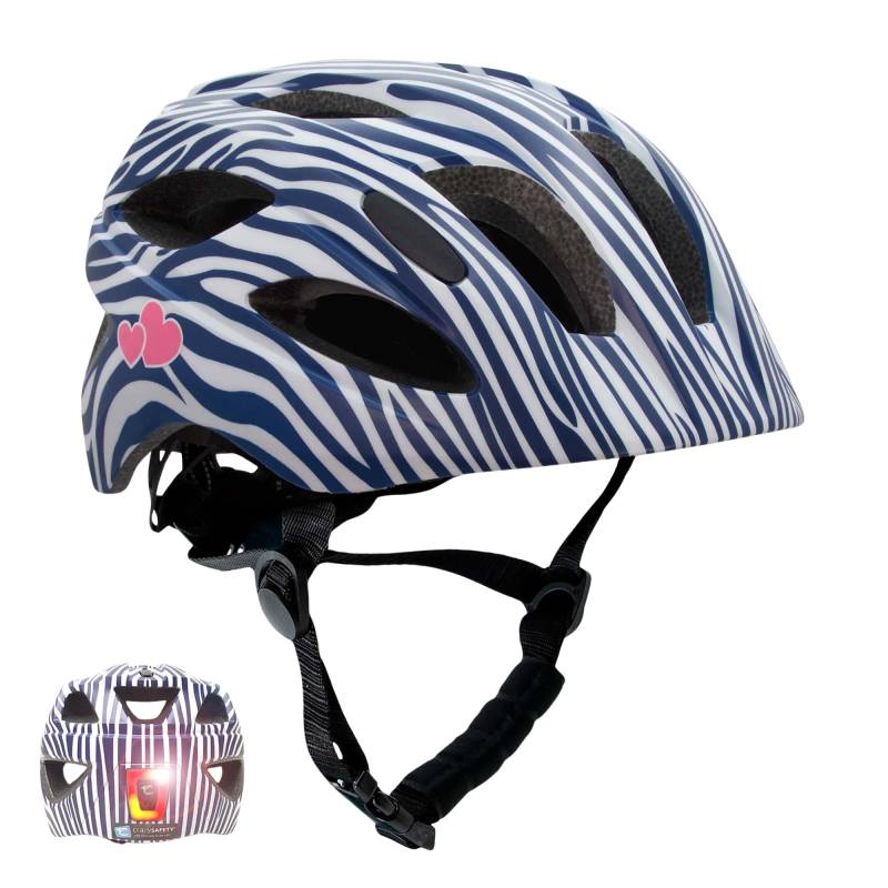 Hvidstribet Cykelhjelm Til Børn I Alderen 6 - 12 år 54-58 Cm Med Usb Genopladeligt Indbygget Rødt Led Lys. Sikkerhedstestet Og En 1078 Certificeret - Crazy Safety