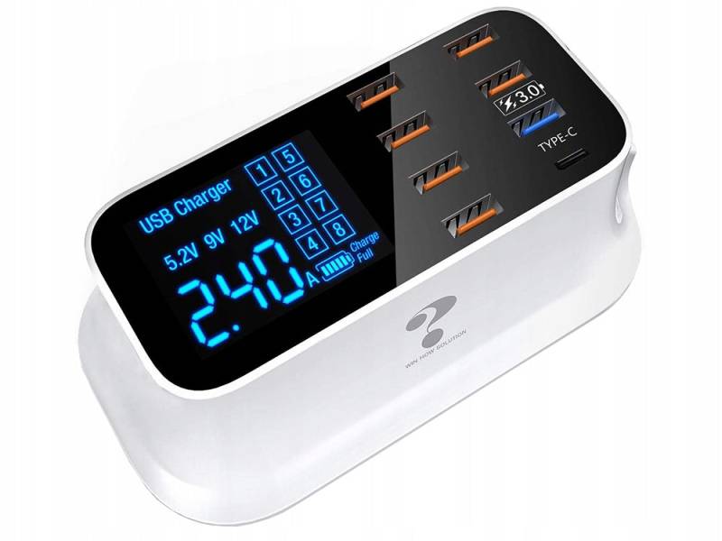 Hurtigoplader Til Mobil Med 7 Usb + 1 Usb-C Med Lcd Skærm - 40w - We Do Better