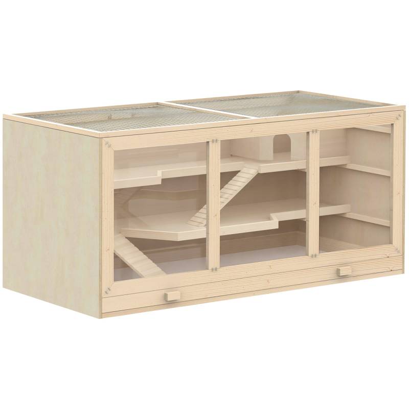 Hamsterbur Af Træ, 3 Niveauer, Gnaverbur Med Rengøringsbar Hylde, Smådyrsbur Med Foldelåg, Trappe, Træbur, Bur Til Hamstere, Dværghamstere, 115 X 57 X 55 Cm, Naturtræ - Aosom