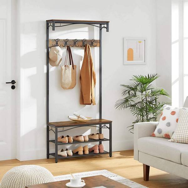 Garderobestativ Med Siddebænk, Knager Og Skohylder - Rustik Brun - Entremøbler Og Garderobe > Knagerækker Og Garderobe - Daily-Living - Song