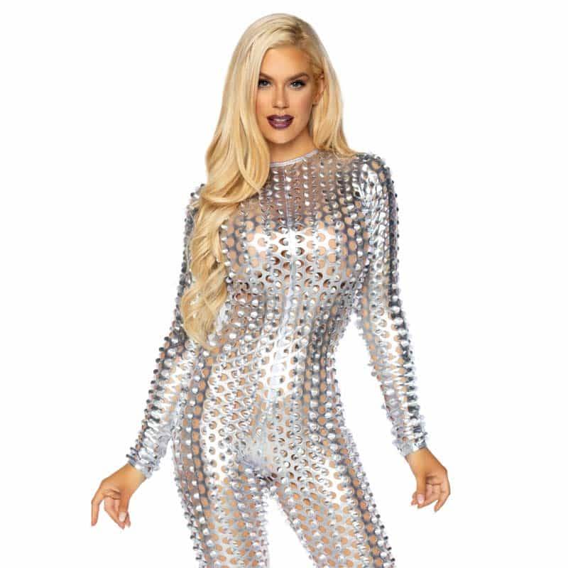 Leg Avenue Laser Cut Metallic Catsuit - Xl