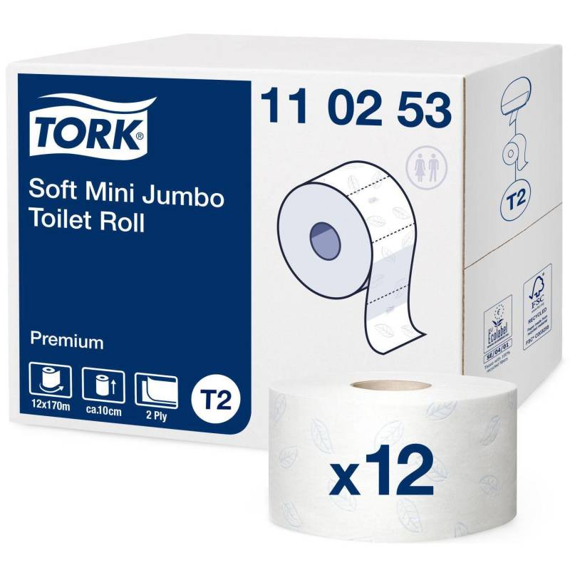 Tork Jumbo T2, 2-Lag Toiletpapir, Soft Premium Mini, 170 M, 12 Ruller