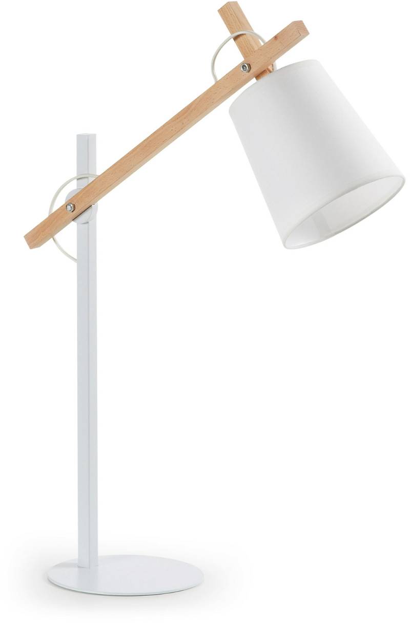 Bordlampe Kave Home Kosta  -  Nordisk Moderne I Hvidt Metal & Naturlig Bøg Med Bomuldsskærm, H65ã—b18ã—l50 Cm