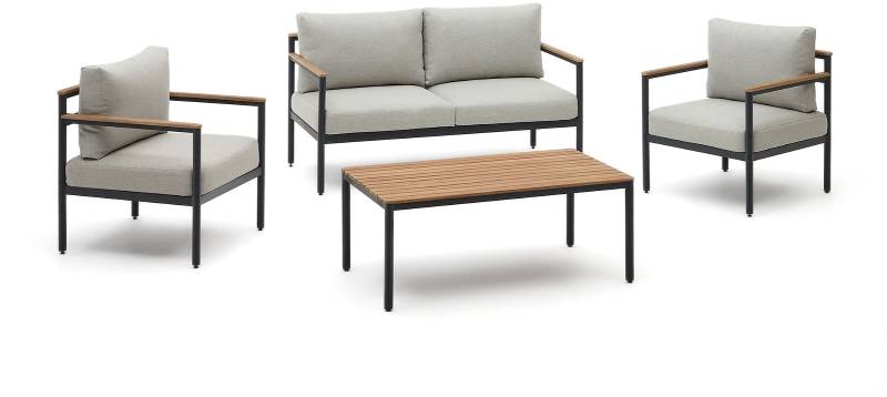 Udendørs Sofasæt Kave Home Aiguafreda  -  Rustik Kolonial Loungesæt I Aluminium & Akacietræ Med Sofa, Lænestole Og Bord