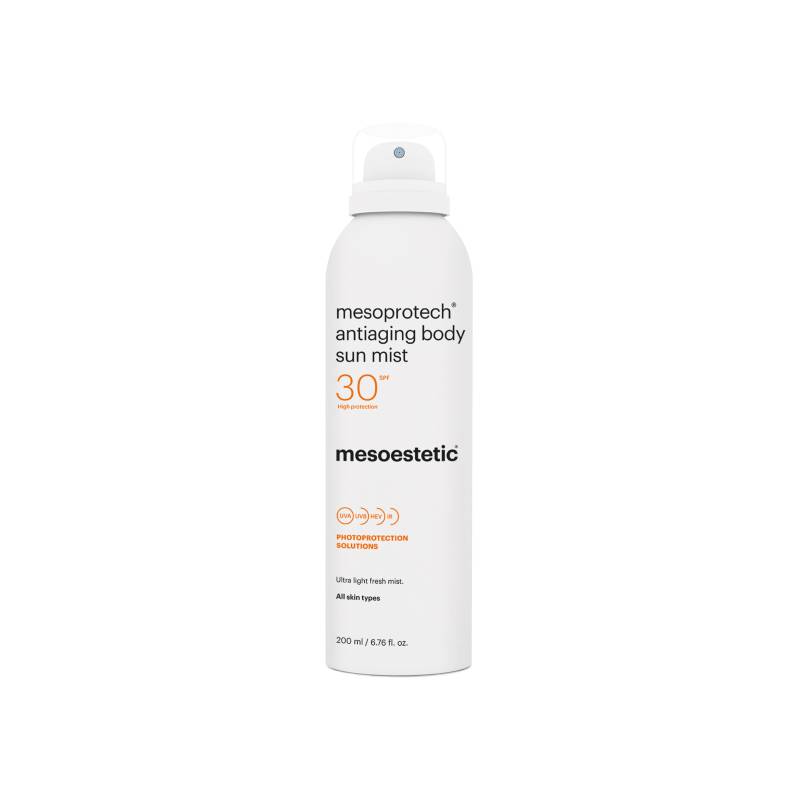 Mesoestetic Mesoprotech Antiaging Body Sun Mist 30+ - Antiage Solcreme / Mist Med God Solbeskyttelse - 200 Ml. - Velegnet Til Sport Og Udendørsbrug