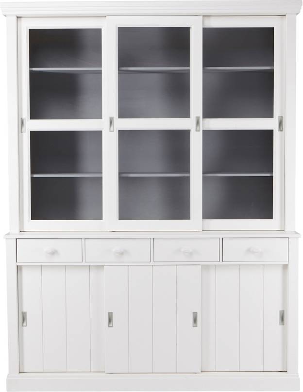 Vitrineskab Woood Lagos I Hvidt Fyrretræ Med 3 Glas-Skydedøre & 4 Skuffer  -  166ã—48ã—214 Cm
