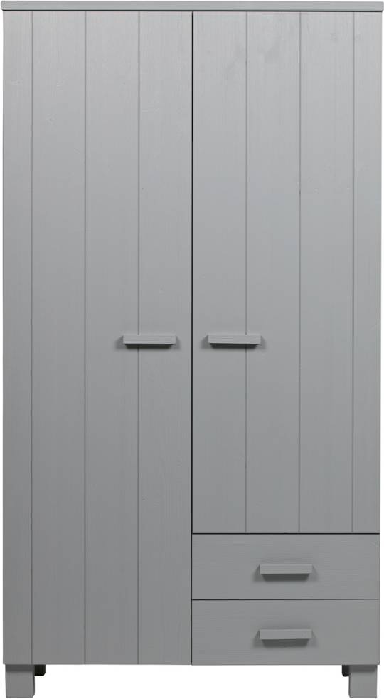Klædeskab Woood Dennis 202x111x55 Cm Børstet Betongrå Massivt Fyrretræ Med V-Riller, Hylder Og Skuffer