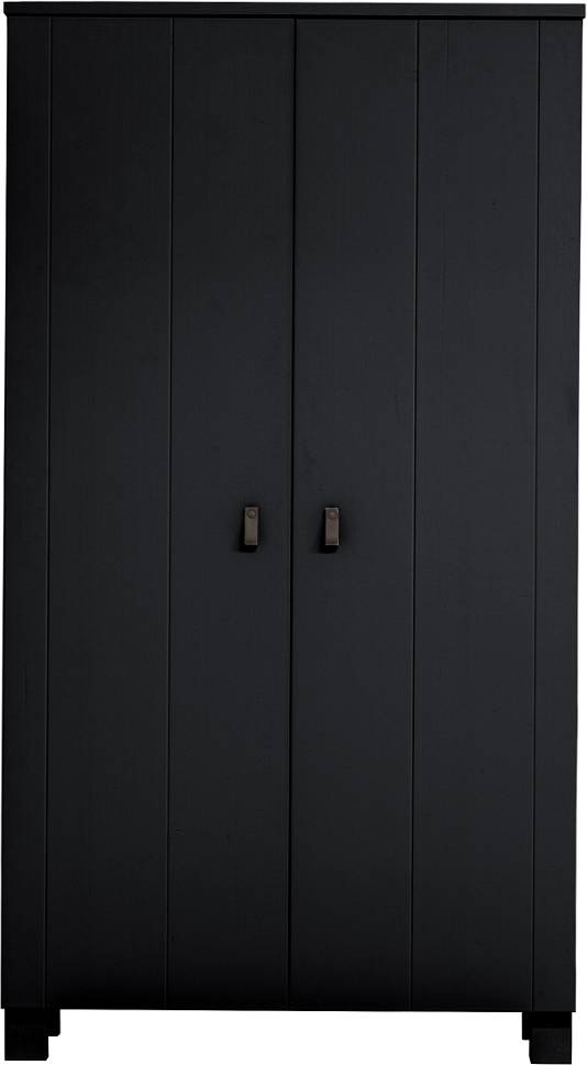 Garderobeskab Woood Ties  -  Fsc-Certificeret Sort Fyrretræ Med Børstet Finish, Brune Læderhåndtag, H202ã—b111ã—d55 Cm